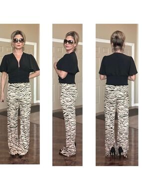 Zara cream black tiger animal print satin effect pyjama pants back slit M NWOT